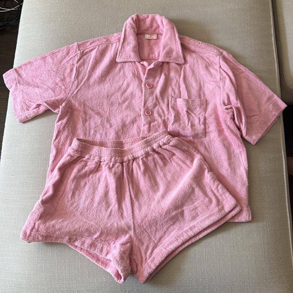 TERRY BABY PINK TERRY TOWELLING TWO PIECE POLO SET S 70s